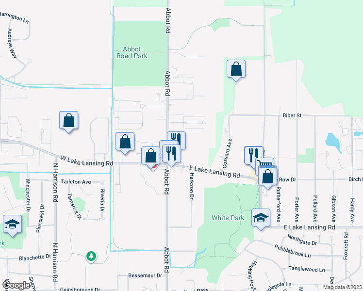 map of restaurants, bars, coffee shops, grocery stores, and more near 3498 East Lake Lansing Road in East Lansing