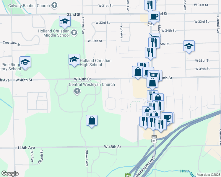 map of restaurants, bars, coffee shops, grocery stores, and more near 340 West 40th Street in Holland