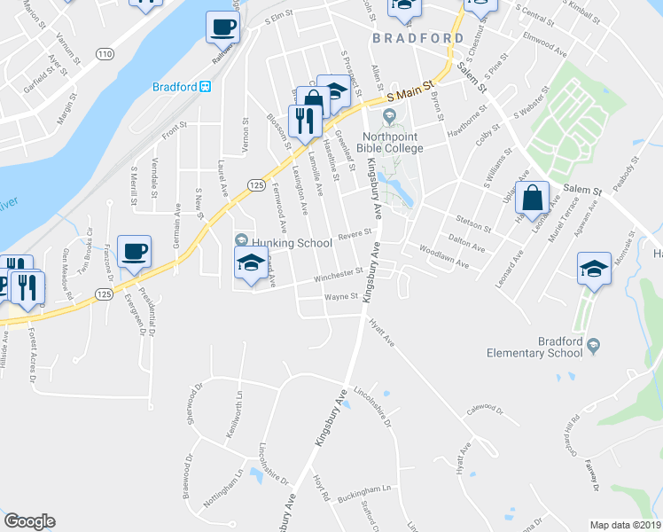 map of restaurants, bars, coffee shops, grocery stores, and more near 103 Lamoille Avenue in Haverhill