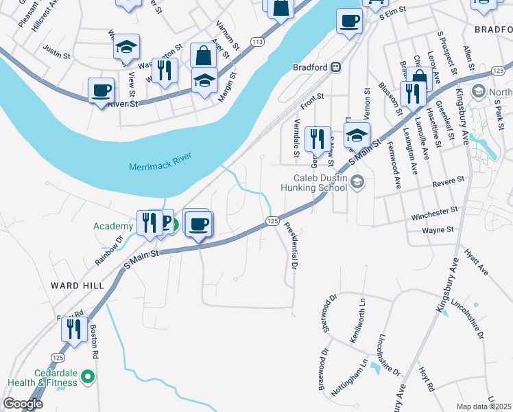 map of restaurants, bars, coffee shops, grocery stores, and more near 3 Franzone Drive in Haverhill