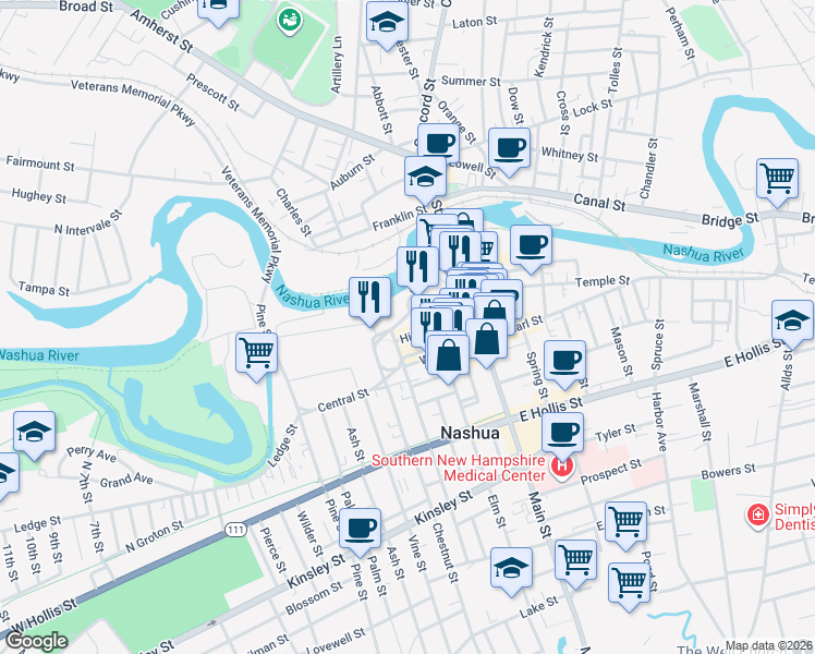 map of restaurants, bars, coffee shops, grocery stores, and more near 45 High Street in Nashua