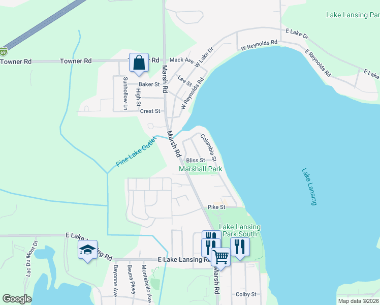 map of restaurants, bars, coffee shops, grocery stores, and more near 6235 Columbia Street in Haslett