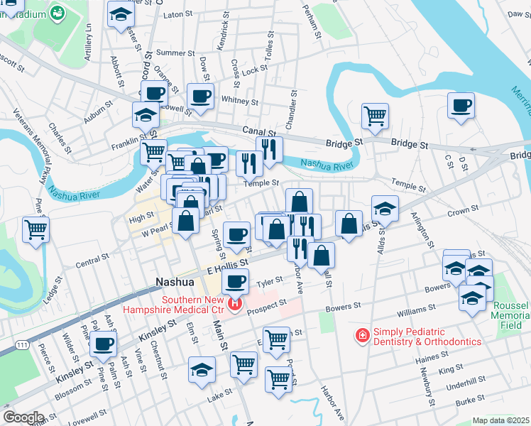 map of restaurants, bars, coffee shops, grocery stores, and more near 9 Mason Street in Nashua