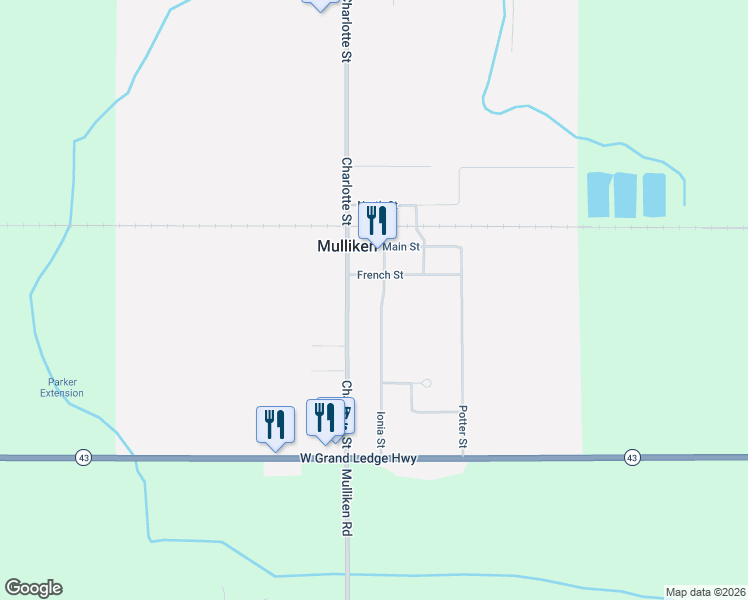 map of restaurants, bars, coffee shops, grocery stores, and more near 238 Ionia Street in Mulliken