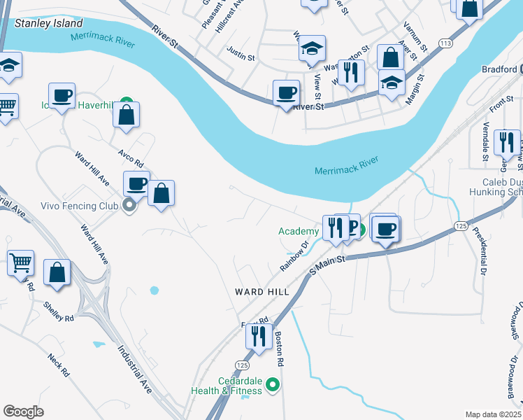 map of restaurants, bars, coffee shops, grocery stores, and more near 5 Riverbank Circle in Haverhill