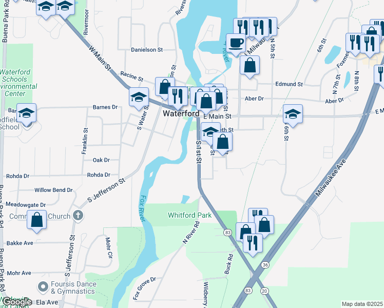 map of restaurants, bars, coffee shops, grocery stores, and more near 306 South 1st Street in Waterford