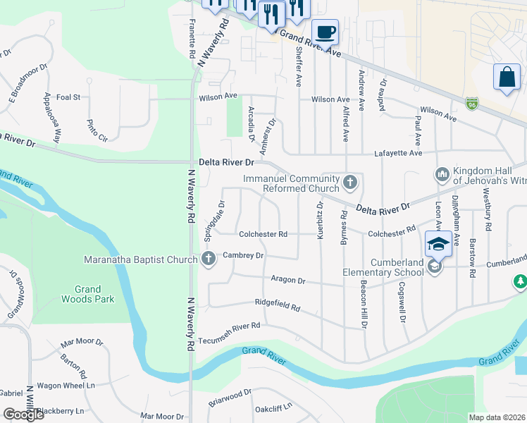 map of restaurants, bars, coffee shops, grocery stores, and more near 2600 Meadowlane Drive in Lansing