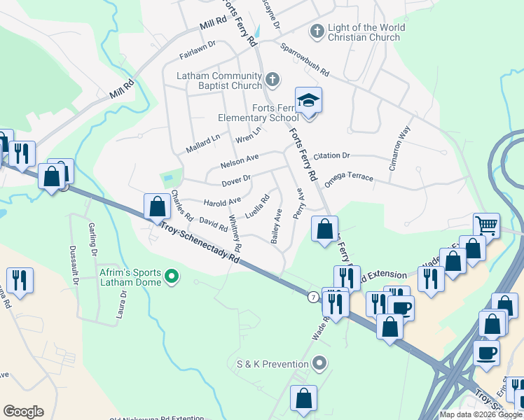 map of restaurants, bars, coffee shops, grocery stores, and more near 16 Luella Road in Latham