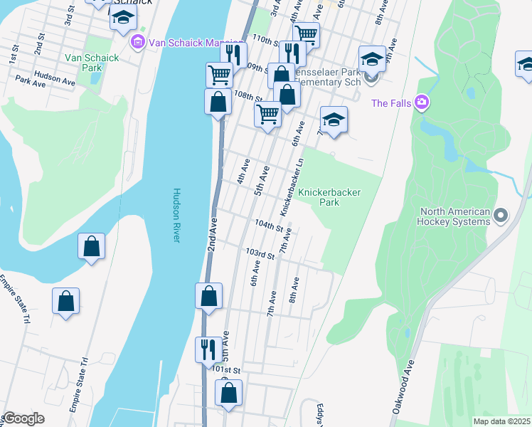 map of restaurants, bars, coffee shops, grocery stores, and more near 225 6th Avenue in Troy