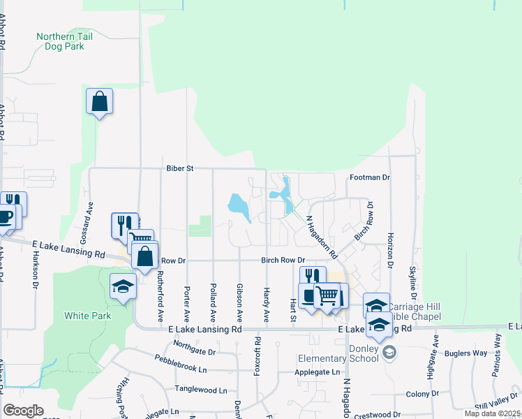 map of restaurants, bars, coffee shops, grocery stores, and more near 6194 Carino Court in East Lansing