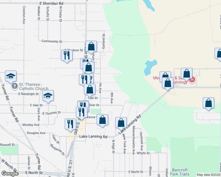 map of restaurants, bars, coffee shops, grocery stores, and more near 917 Banghart Street in Lansing