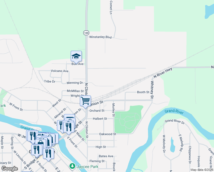 map of restaurants, bars, coffee shops, grocery stores, and more near 178 Grand Manor Drive in Grand Ledge