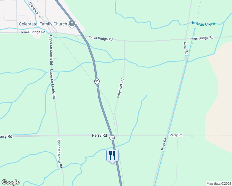 map of restaurants, bars, coffee shops, grocery stores, and more near 5270 Wheelock Road in Mount Morris