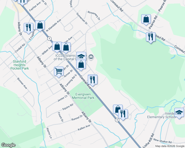 map of restaurants, bars, coffee shops, grocery stores, and more near 33 Saint George Place in Schenectady