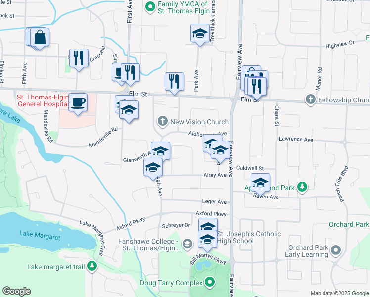 map of restaurants, bars, coffee shops, grocery stores, and more near 30 Dunwich Drive in St. Thomas