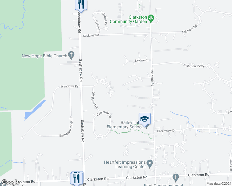 map of restaurants, bars, coffee shops, grocery stores, and more near 7806 High Ridge Court in Clarkston