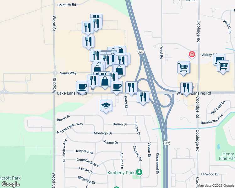map of restaurants, bars, coffee shops, grocery stores, and more near 2620 Lake Lansing Road in Lansing