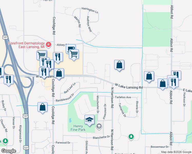 map of restaurants, bars, coffee shops, grocery stores, and more near 830 West Lake Lansing Road in East Lansing