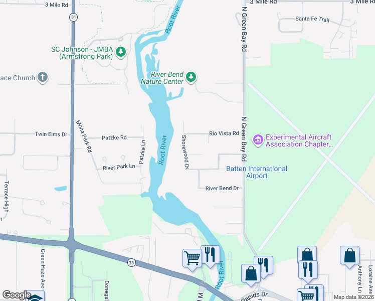 map of restaurants, bars, coffee shops, grocery stores, and more near 3339 Shorewood Dr in Racine