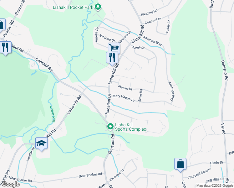 map of restaurants, bars, coffee shops, grocery stores, and more near 6 Mary Hadge Drive in Schenectady