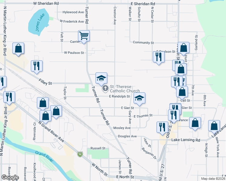 map of restaurants, bars, coffee shops, grocery stores, and more near 2617 Creston Avenue in Lansing