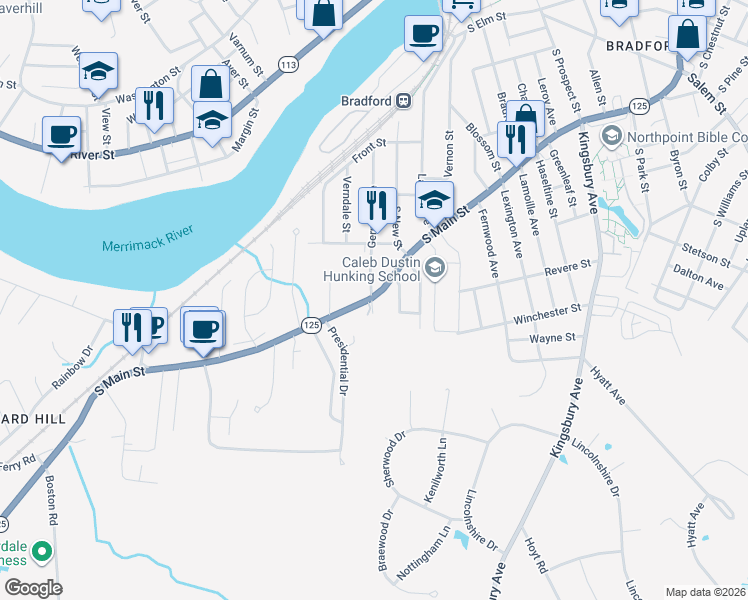 map of restaurants, bars, coffee shops, grocery stores, and more near 552 South Main Street in Haverhill