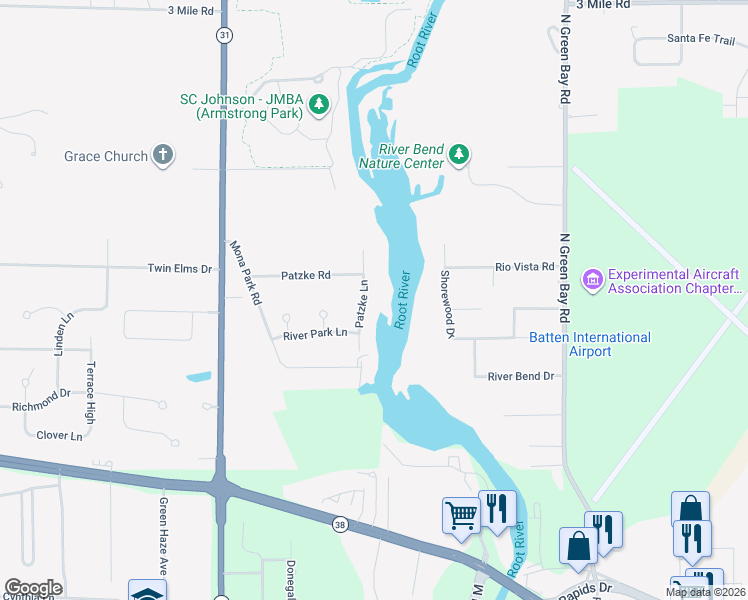 map of restaurants, bars, coffee shops, grocery stores, and more near 3333 Patzke Lane in Racine