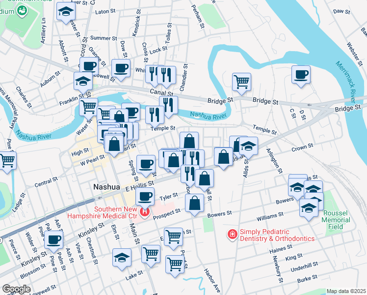 map of restaurants, bars, coffee shops, grocery stores, and more near 15 Worcester Street in Nashua