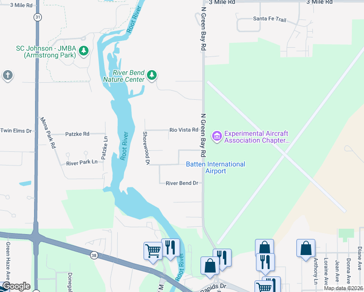 map of restaurants, bars, coffee shops, grocery stores, and more near 3550 Cranberry Lane in Racine