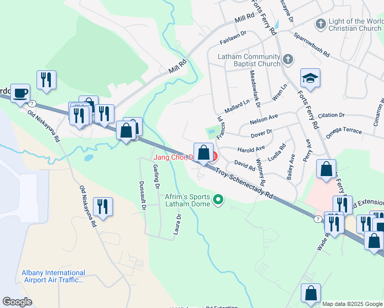 map of restaurants, bars, coffee shops, grocery stores, and more near 827 Troy Schenectady Road in Latham
