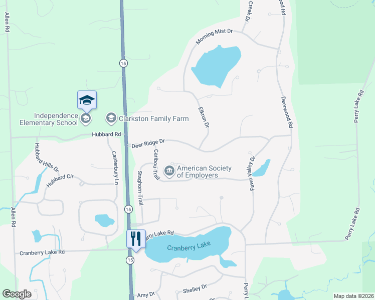 map of restaurants, bars, coffee shops, grocery stores, and more near 6595 Deer Ridge Drive in Clarkston