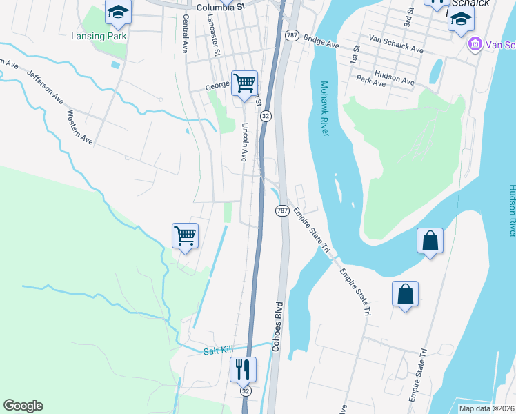 map of restaurants, bars, coffee shops, grocery stores, and more near 444 Saratoga Street in Cohoes