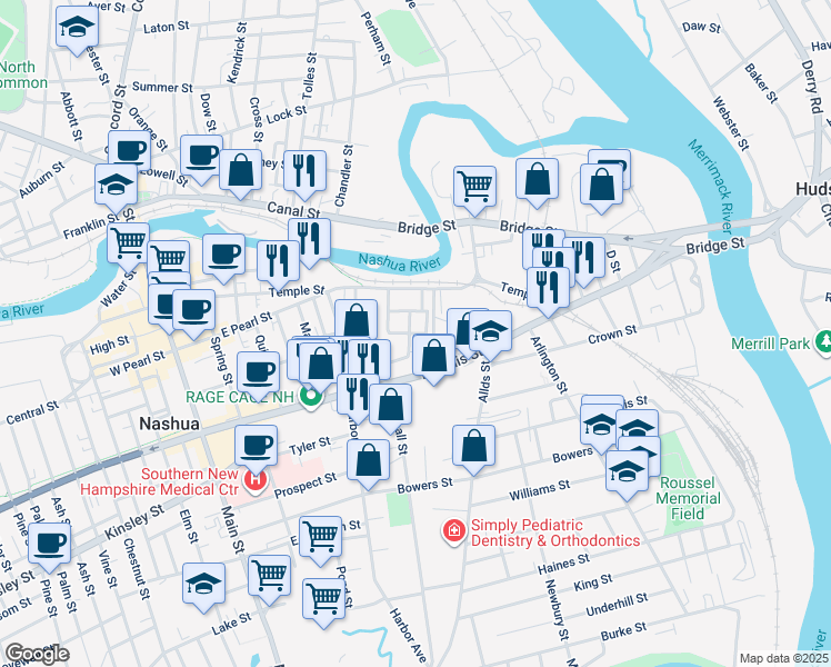 map of restaurants, bars, coffee shops, grocery stores, and more near 55 Worcester Street in Nashua