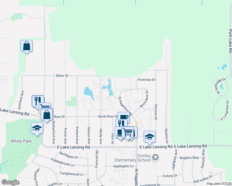map of restaurants, bars, coffee shops, grocery stores, and more near 3075 Endenhall Way in East Lansing