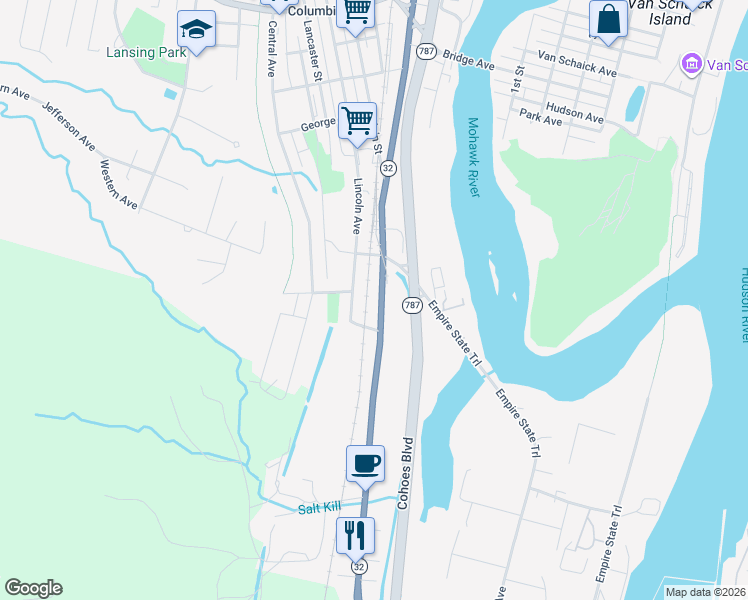 map of restaurants, bars, coffee shops, grocery stores, and more near 444 Saratoga Street in Cohoes