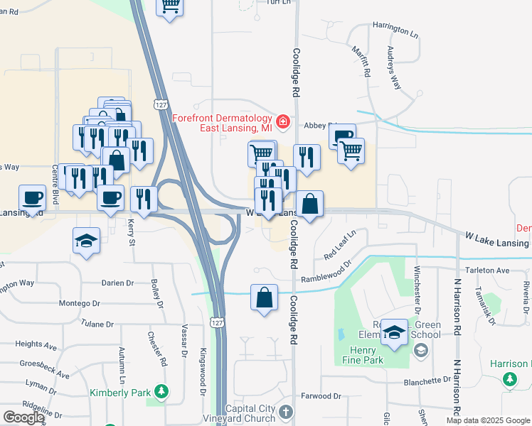 map of restaurants, bars, coffee shops, grocery stores, and more near 1561 West Lake Lansing Road in East Lansing