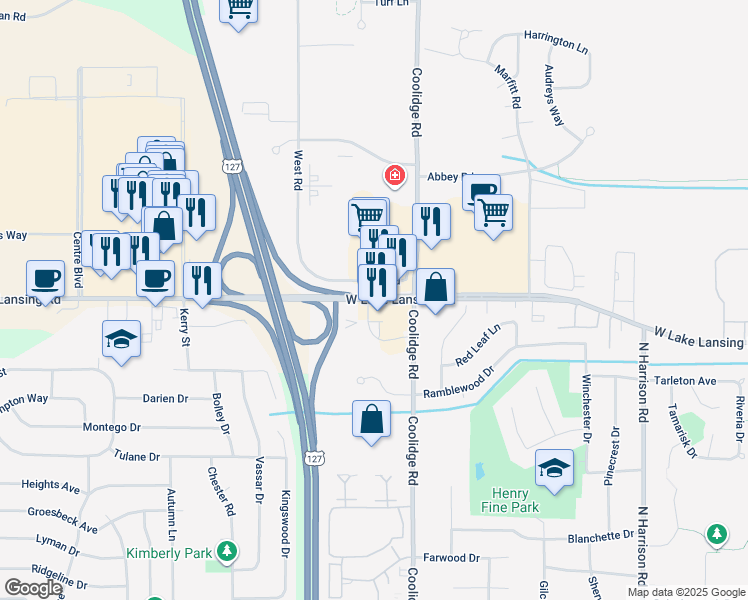 map of restaurants, bars, coffee shops, grocery stores, and more near 1561 West Lake Lansing Road in East Lansing