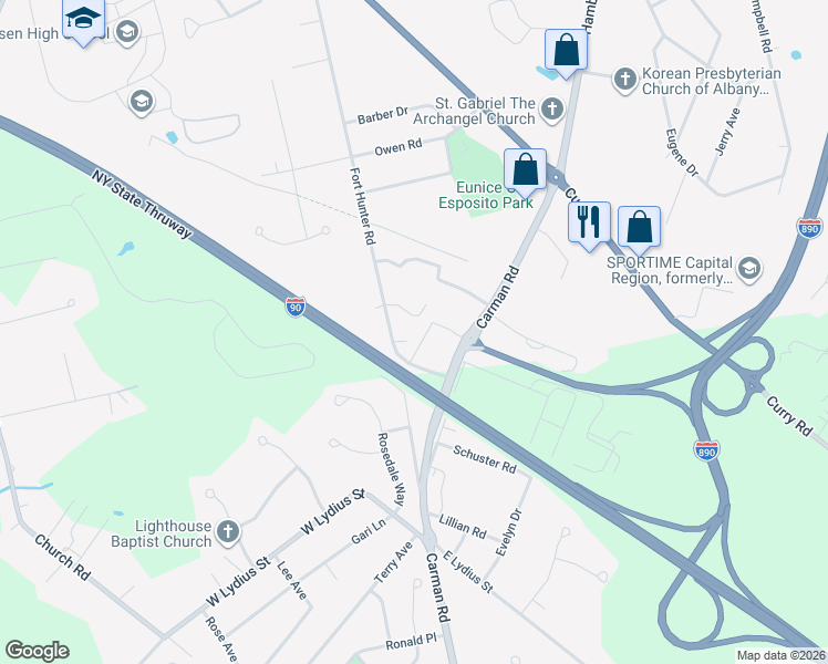 map of restaurants, bars, coffee shops, grocery stores, and more near 1215-1217 Fort Hunter Road in Schenectady