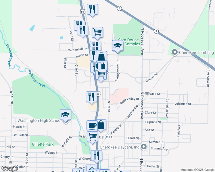map of restaurants, bars, coffee shops, grocery stores, and more near 128 Wilson Avenue in Cherokee
