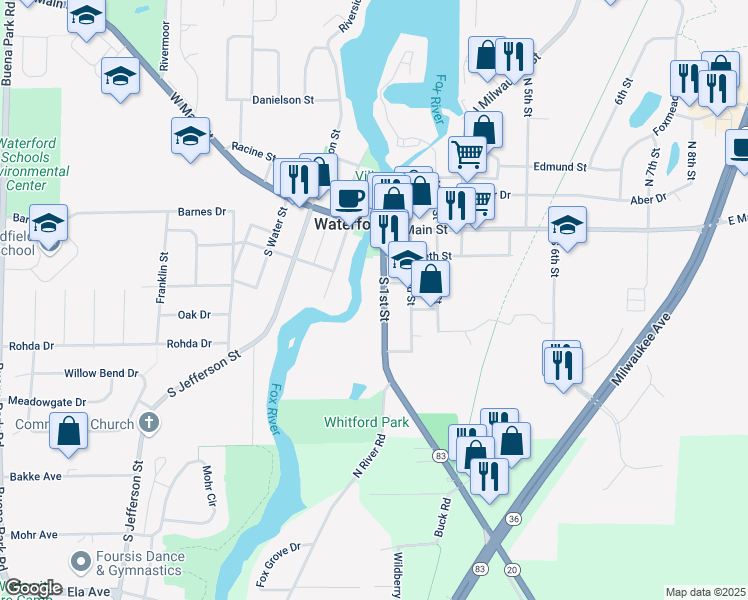 map of restaurants, bars, coffee shops, grocery stores, and more near 306 South 1st Street in Waterford