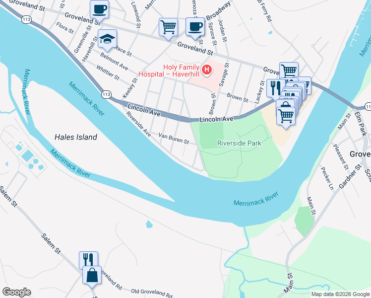 map of restaurants, bars, coffee shops, grocery stores, and more near 2 Polk Street in Haverhill
