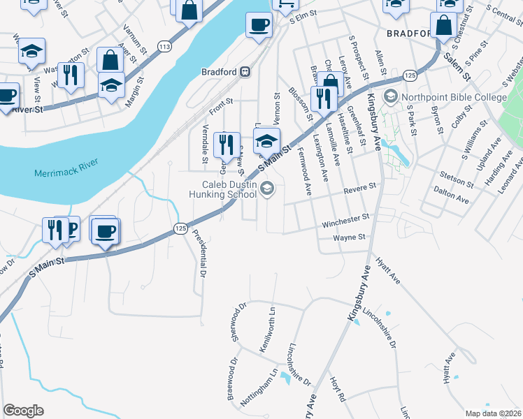 map of restaurants, bars, coffee shops, grocery stores, and more near 37 Kensington Avenue in Haverhill
