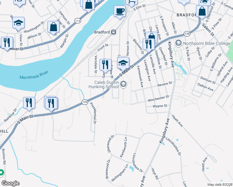 map of restaurants, bars, coffee shops, grocery stores, and more near 37 Kensington Avenue in Haverhill