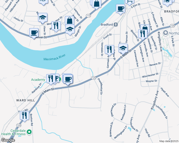 map of restaurants, bars, coffee shops, grocery stores, and more near 3 Franzone Drive in Haverhill
