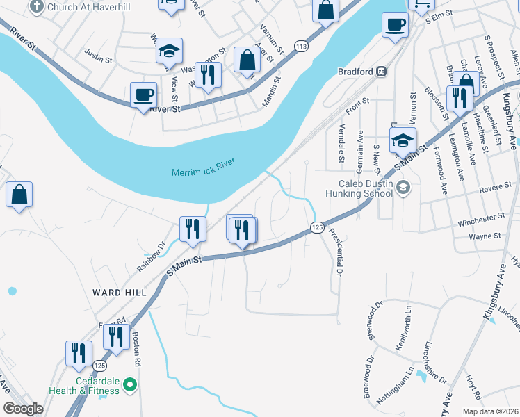 map of restaurants, bars, coffee shops, grocery stores, and more near 28 Glen Meadow Road in Haverhill