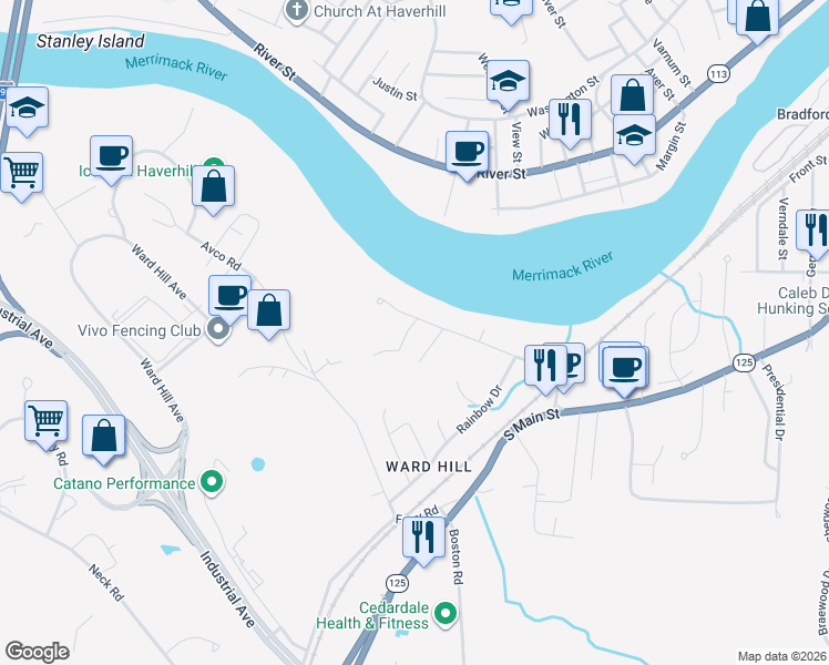 map of restaurants, bars, coffee shops, grocery stores, and more near 5 Riverbank Circle in Haverhill
