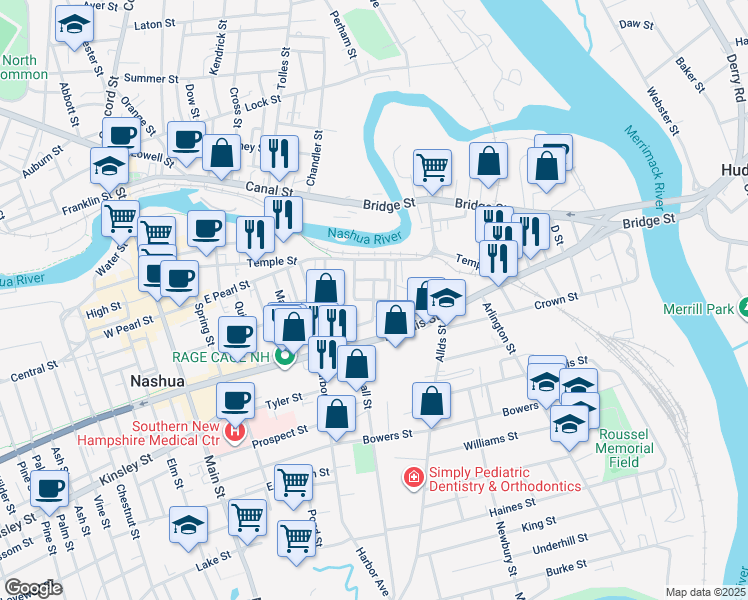 map of restaurants, bars, coffee shops, grocery stores, and more near 55 Worcester Street in Nashua