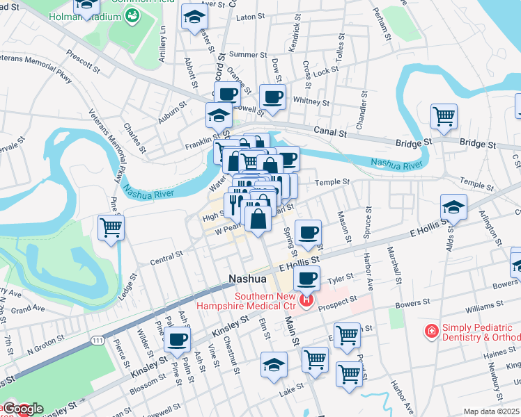 map of restaurants, bars, coffee shops, grocery stores, and more near in Nashua