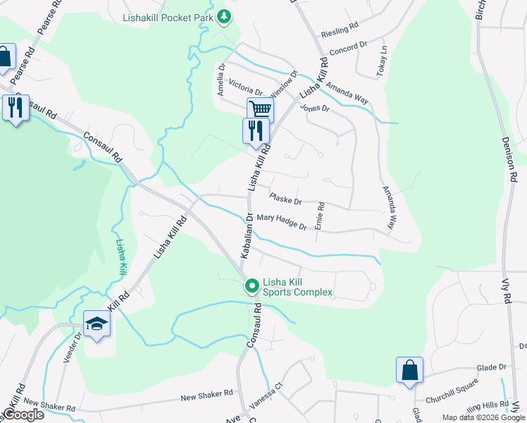 map of restaurants, bars, coffee shops, grocery stores, and more near 6 Mary Hadge Drive in Schenectady