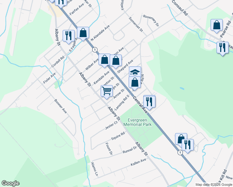 map of restaurants, bars, coffee shops, grocery stores, and more near 17 Arrow Street in Schenectady